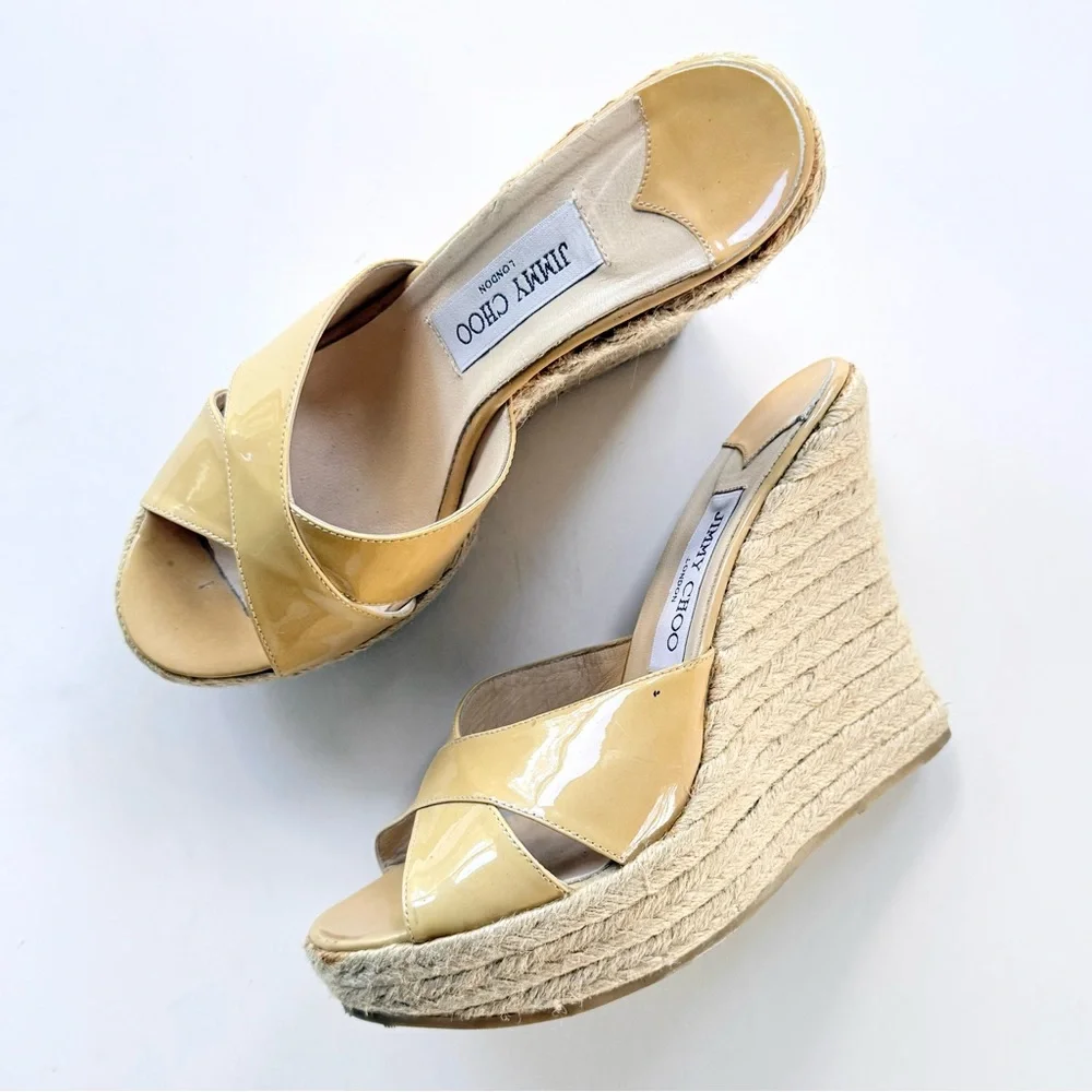 Jimmy Choo Patent Leather Espadrille Wedge Sandals Tan Camel 39